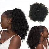 4B/4C human hair drawstring ponytail with afro kinky curly Remy extensions, clip-in style, 10-24 inch lengths