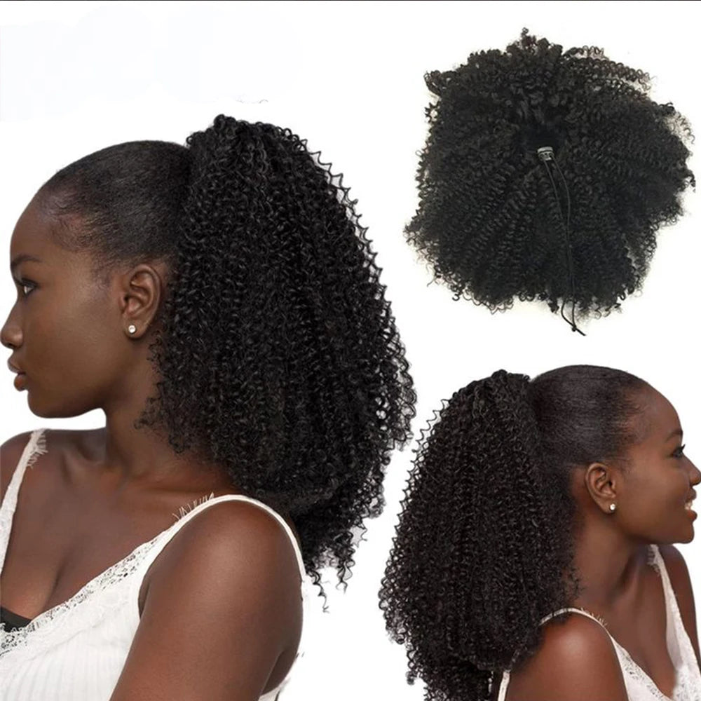 4B/4C human hair drawstring ponytail with afro kinky curly Remy extensions, clip-in style, 10-24 inch lengths
