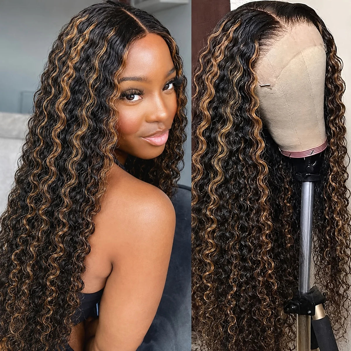 5x5 glueless deep wave human hair wig with 1B/30 ombre color and 13x4 lace front