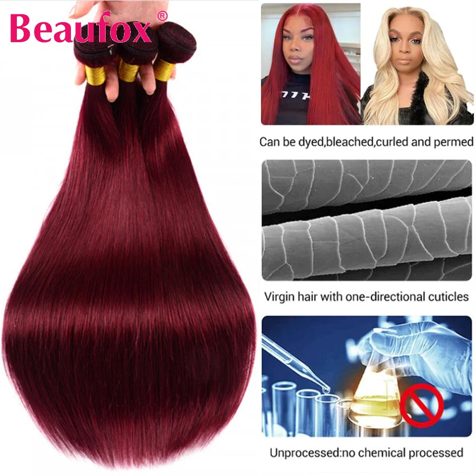 Beaufox Straight Human Hair Bundles With Closure Colored Burgundy Red 3/4 Bundles With Lace Closure 99j Brazilian Hair Bundles