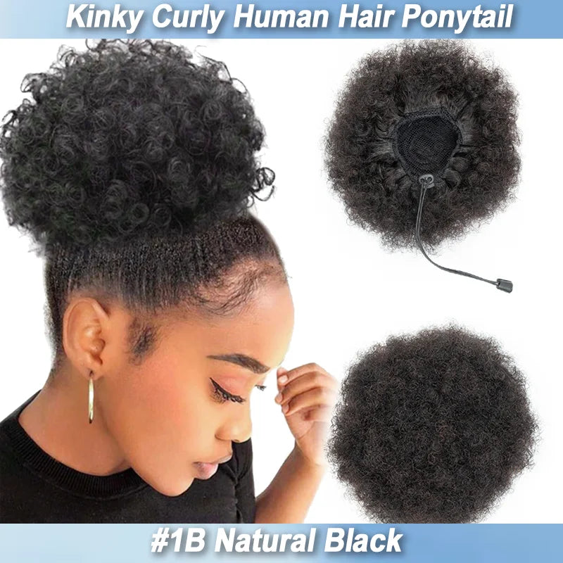 Kinky Curly human hair afro puff drawstring ponytail bun hairpiece for Black women, HSF Marketplace