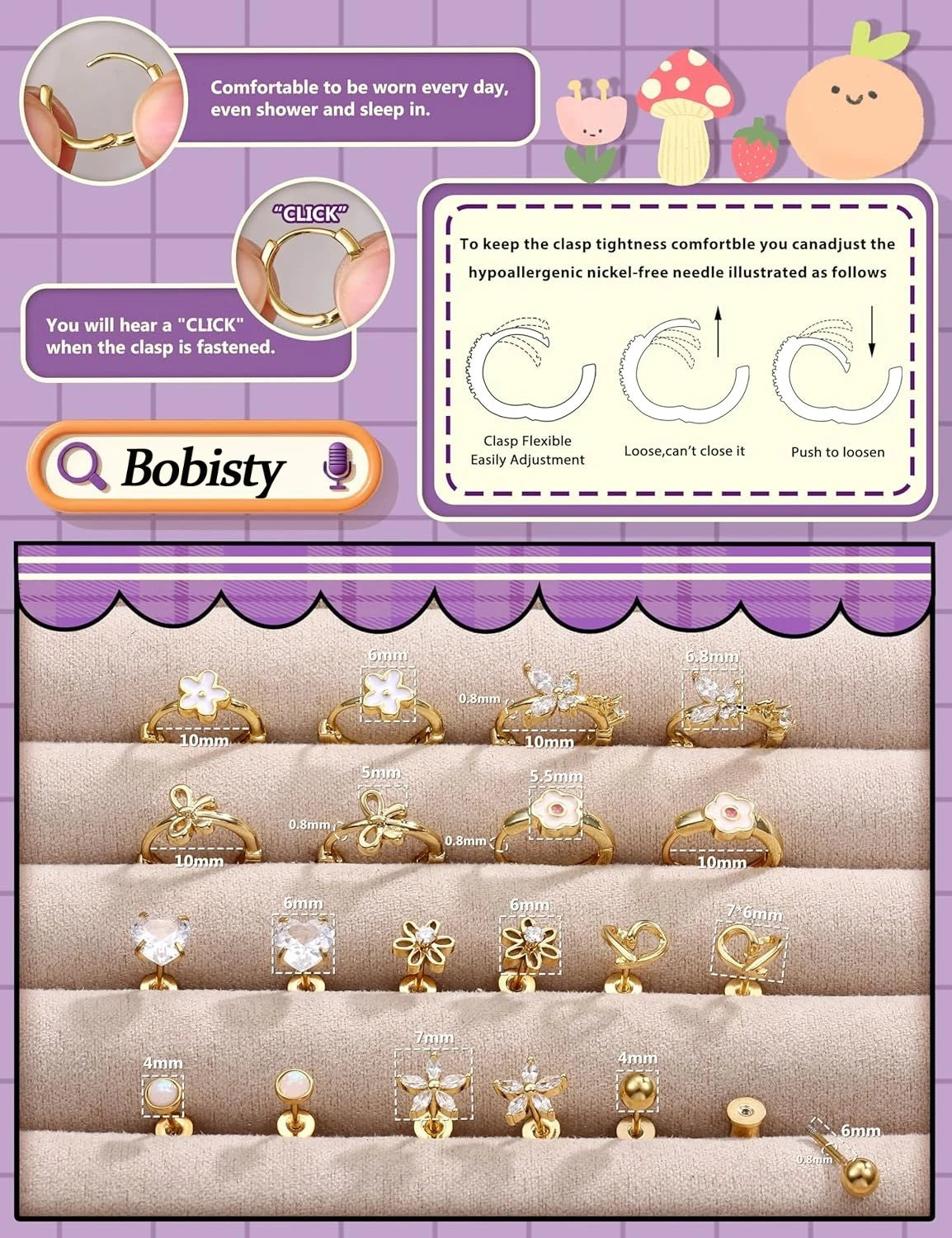 Bobisty hypoallergenic screw-back stud hoop earrings in 14K gold-plated surgical steel with heart CZ flower design