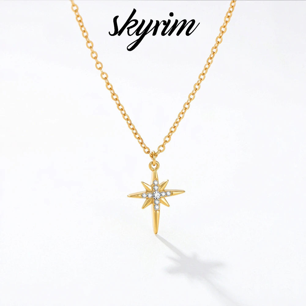 Gold stainless steel North Star pendant necklace for women with zircon accents, waterproof jewelry, eight-pointed star design.