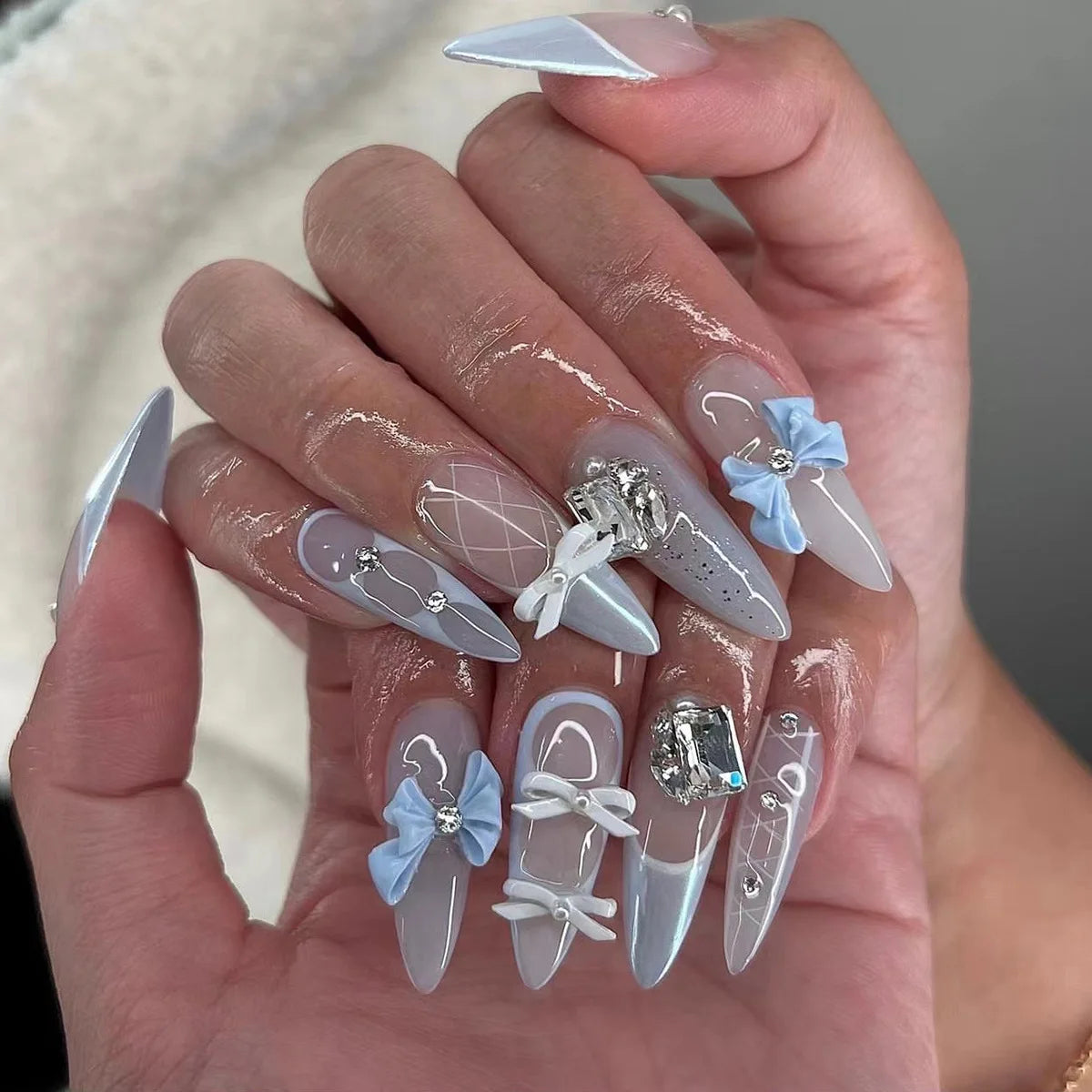 HSF Marketplace pink almond press-on false nails with bowknots, love hearts, and pearl designs, 24-piece set