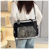 Clear Y2K Japanese Ita Bag by HSF Marketplace, large capacity transparent tote with crossbody strap, cute lolita-style casual handbag.