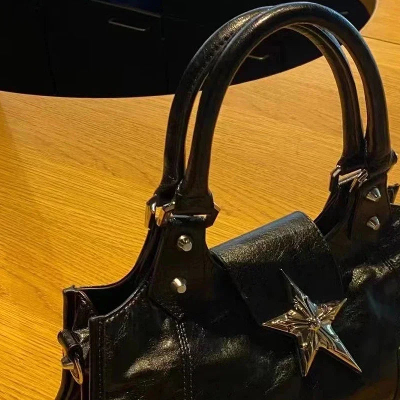Black Y2K Korean Gothic star girl handbag with vintage fairy grunge design, shoulder strap, and bucket style tote for women.