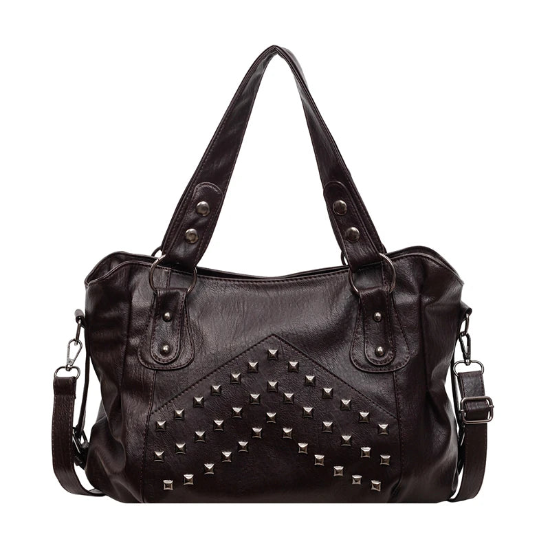 Large capacity rivet punk handbag for women with edgy studded details and versatile shoulder straps