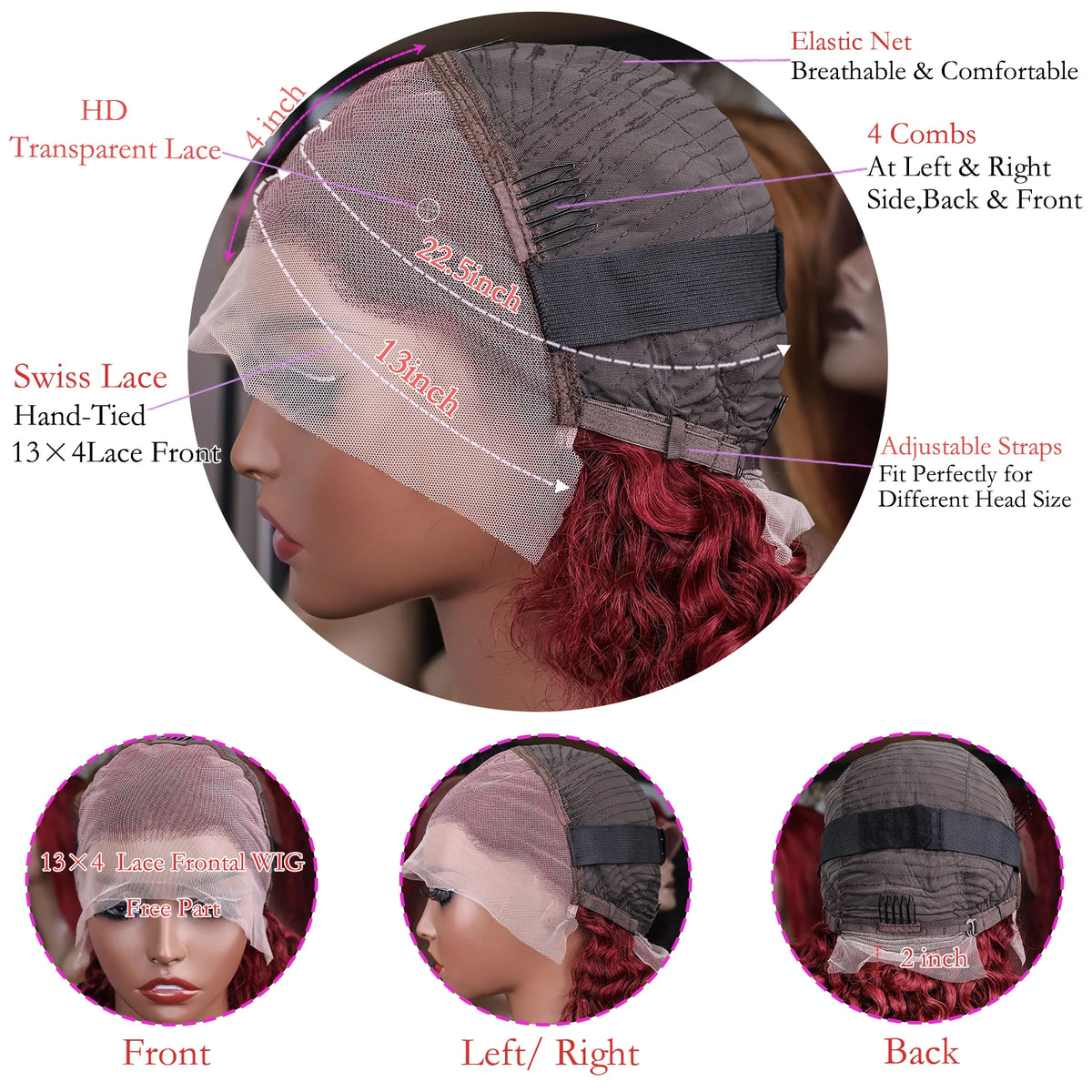 99J burgundy short bob human hair wig with water wave curls and 13x4 lace front, 200% density