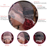 99J burgundy short bob human hair wig with water wave curls and 13x4 lace front, 200% density