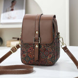 Bohemian style printed PU leather phone bag with ethnic design, versatile crossbody purse for women, single shoulder handbag.