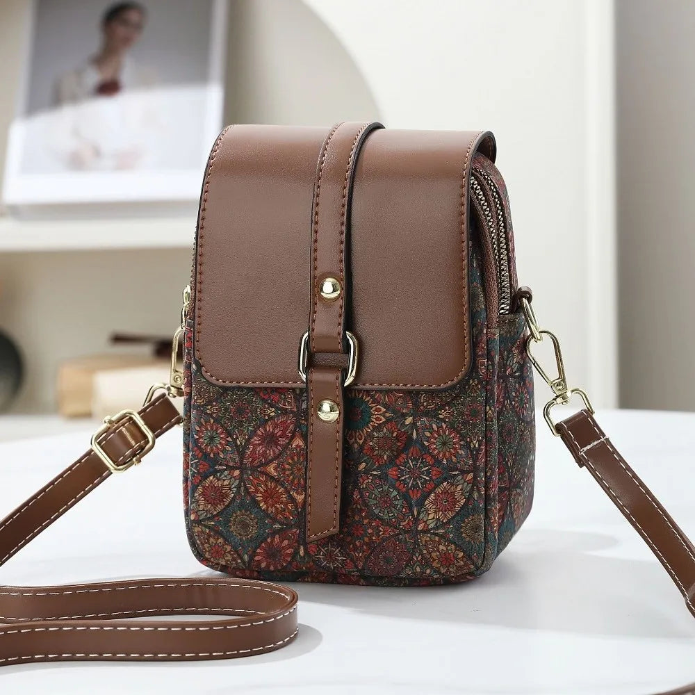 Bohemian style printed PU leather phone bag with ethnic design, versatile crossbody purse for women, single shoulder handbag.