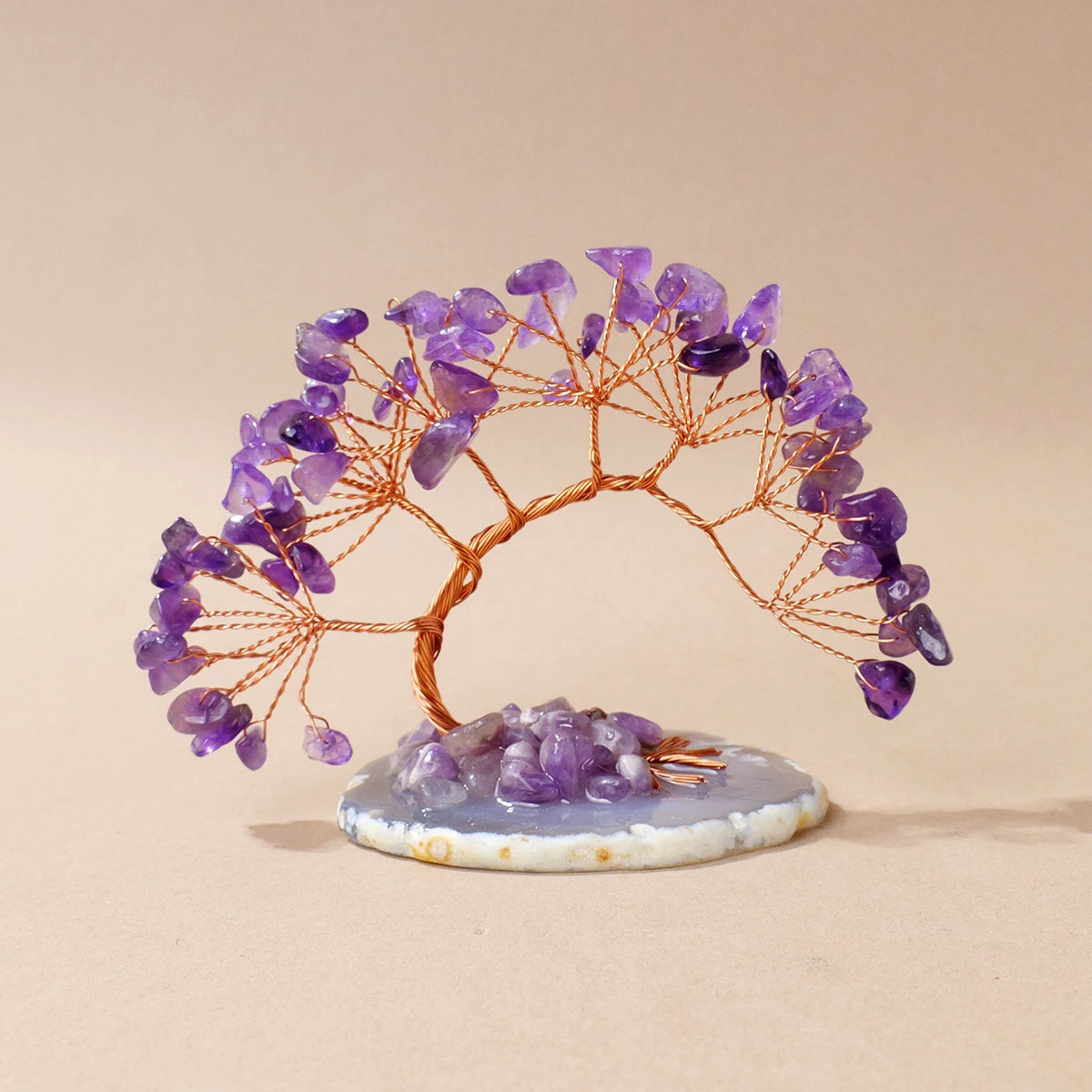 1pc Natural Crystal Lucky Tree Copper Wire Winding Amethyst Gravel With Agate Slice Base Home Decoration Money Trees