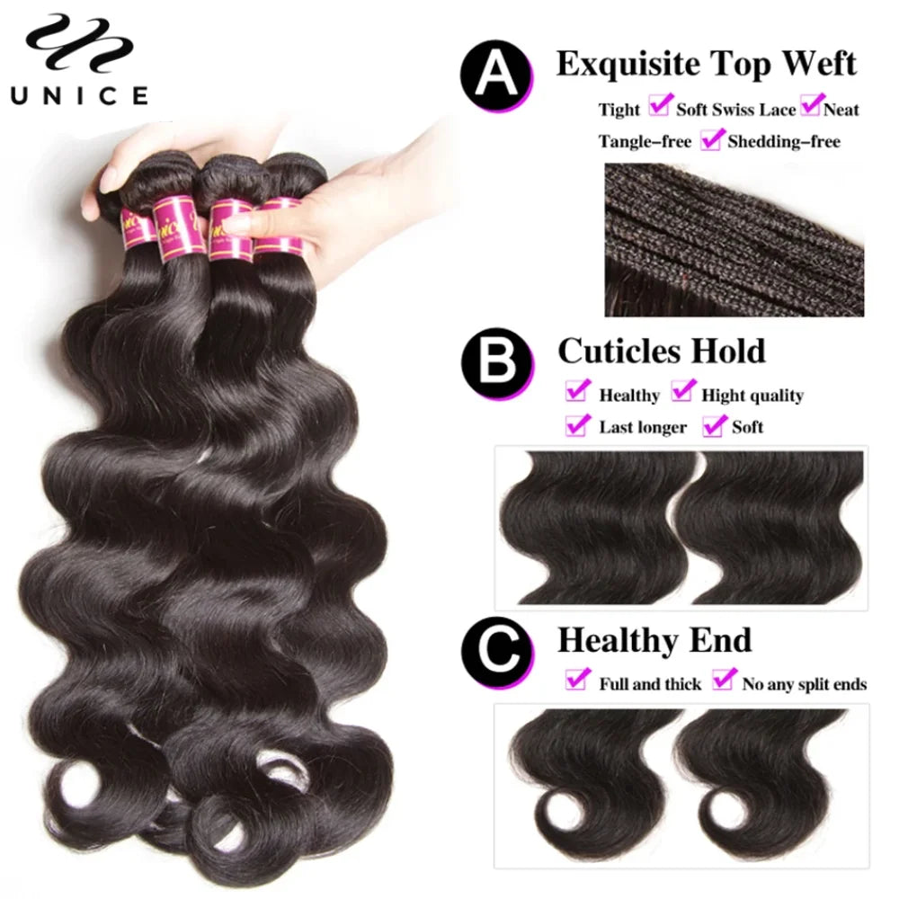 UNice Hair Body Wave Human Hair Bundles 2/3/4 PCS With 1PC Free Part 4x4 Lace Closure or 13x4 Lace Frontal