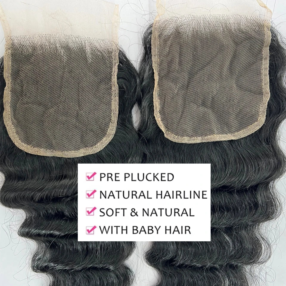 Loose Deep Wave Human Hair Bundles With Closure 4x4 13x4 HD Transparent Lace Frontal And 3/4 Bundles Unprocessed Raw Double Weft Virgin Human Hair Extensions Weaves Brazilian Remy Hair Bundles Deals For Women Daily Use Birthd