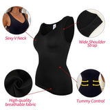 Women’s sleeveless V-neck shapewear tank top with wide straps and tummy control compression design