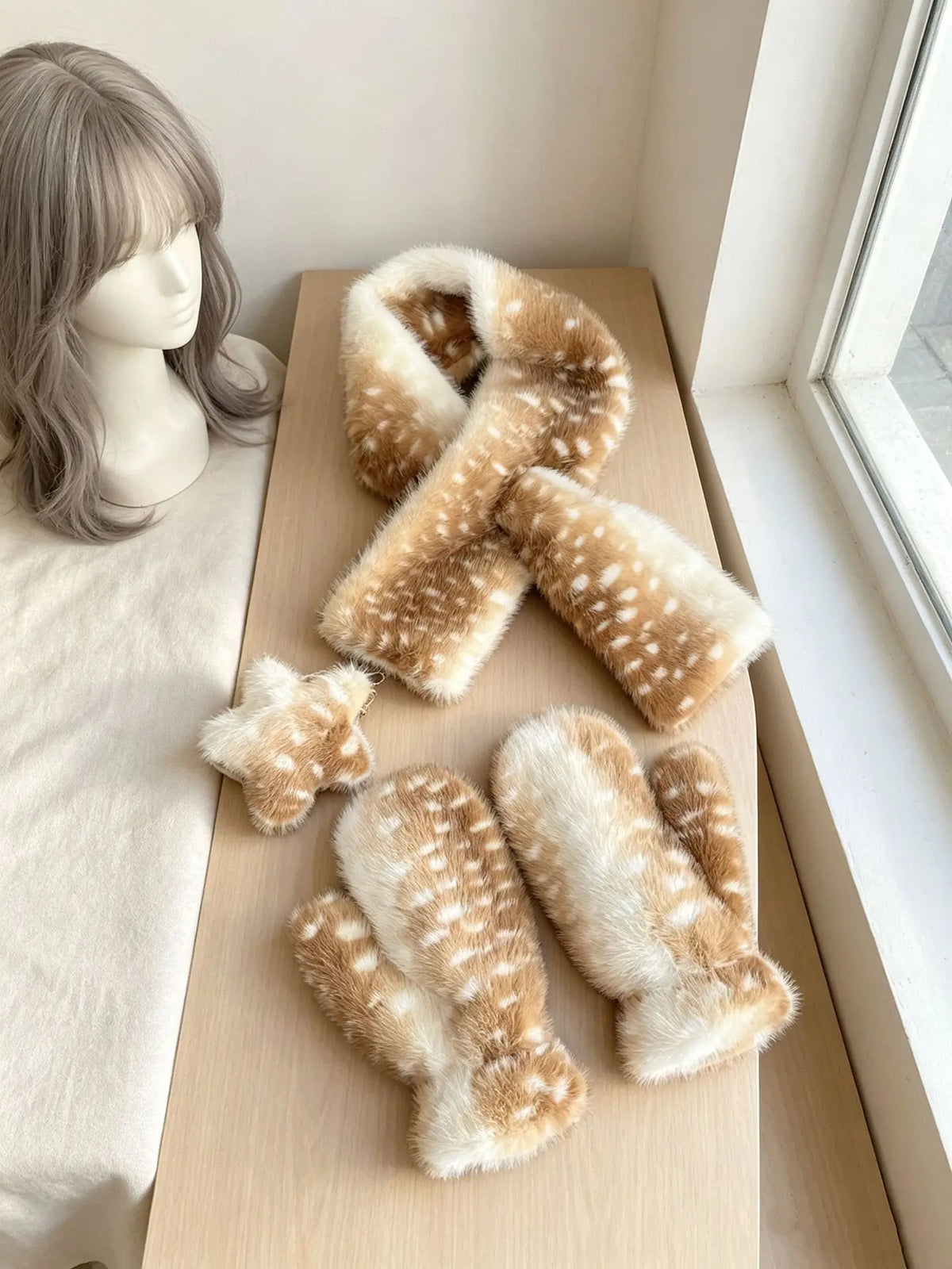 Kawaii deer spots faux fur winter hat, scarf and gloves set by HSF Marketplace