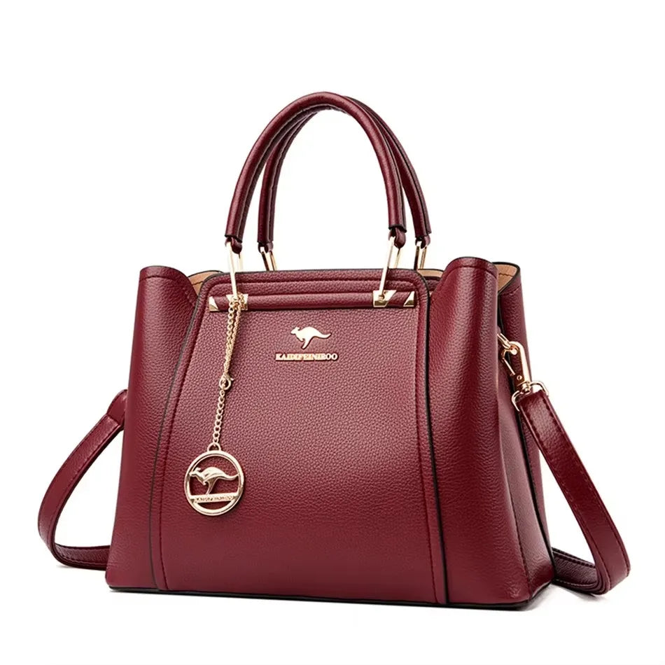 Elegant genuine soft PU leather handbag for women, vintage shoulder tote with large capacity and luxury designer style.