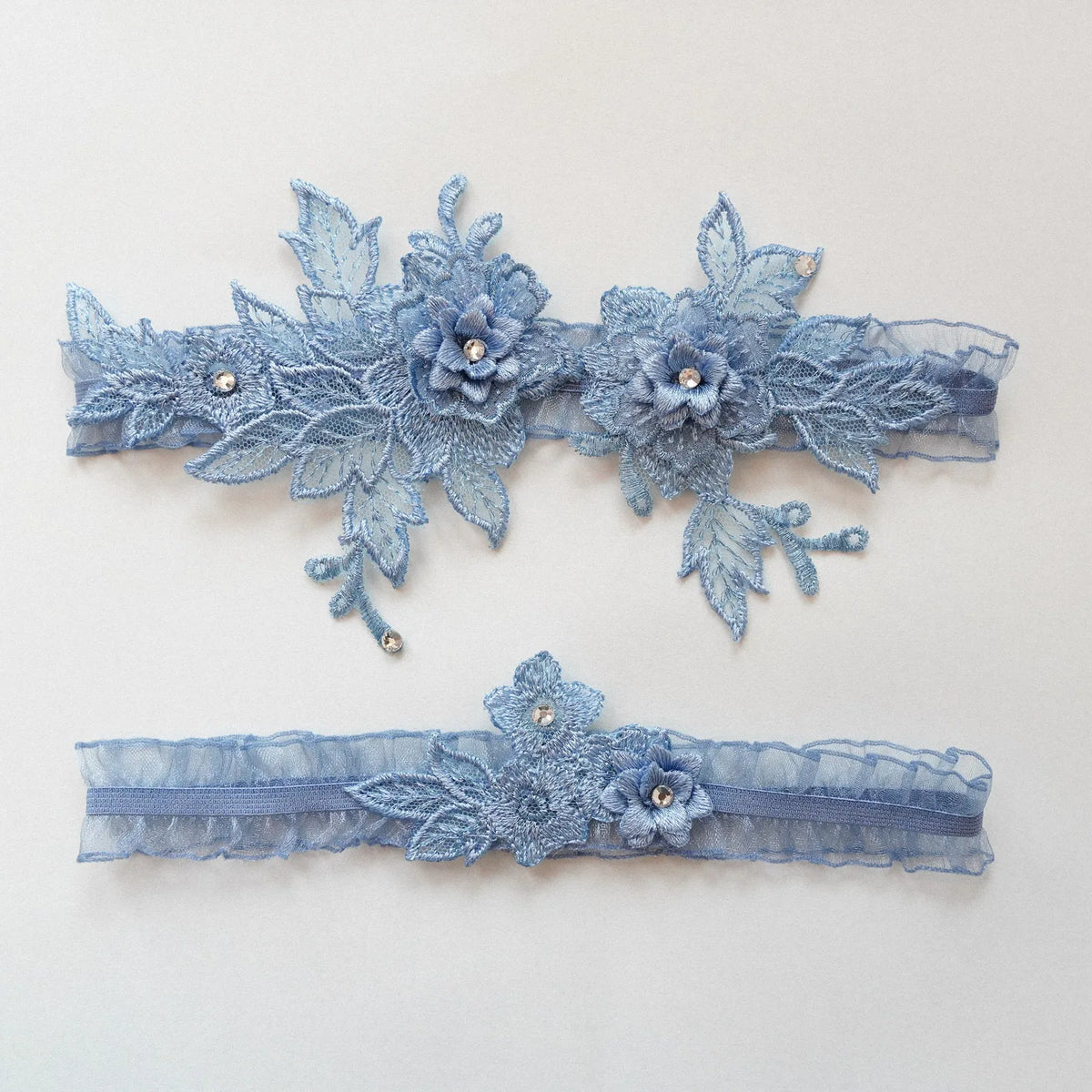 2-piece handmade lace garter belt set with floral embroidery and rhinestone accents, bridal lingerie accessory