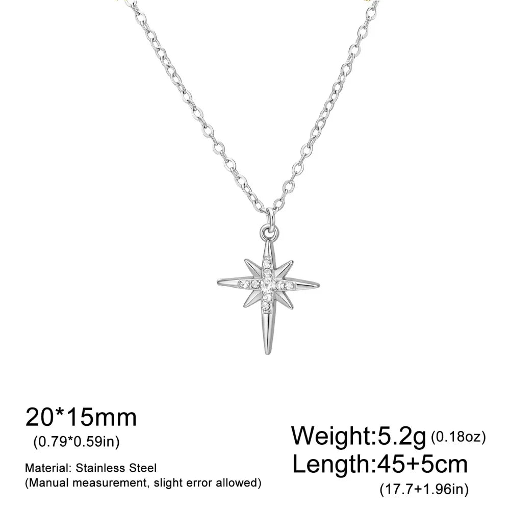 Gold stainless steel North Star pendant necklace for women with zircon details, waterproof jewelry, eight-pointed star design.