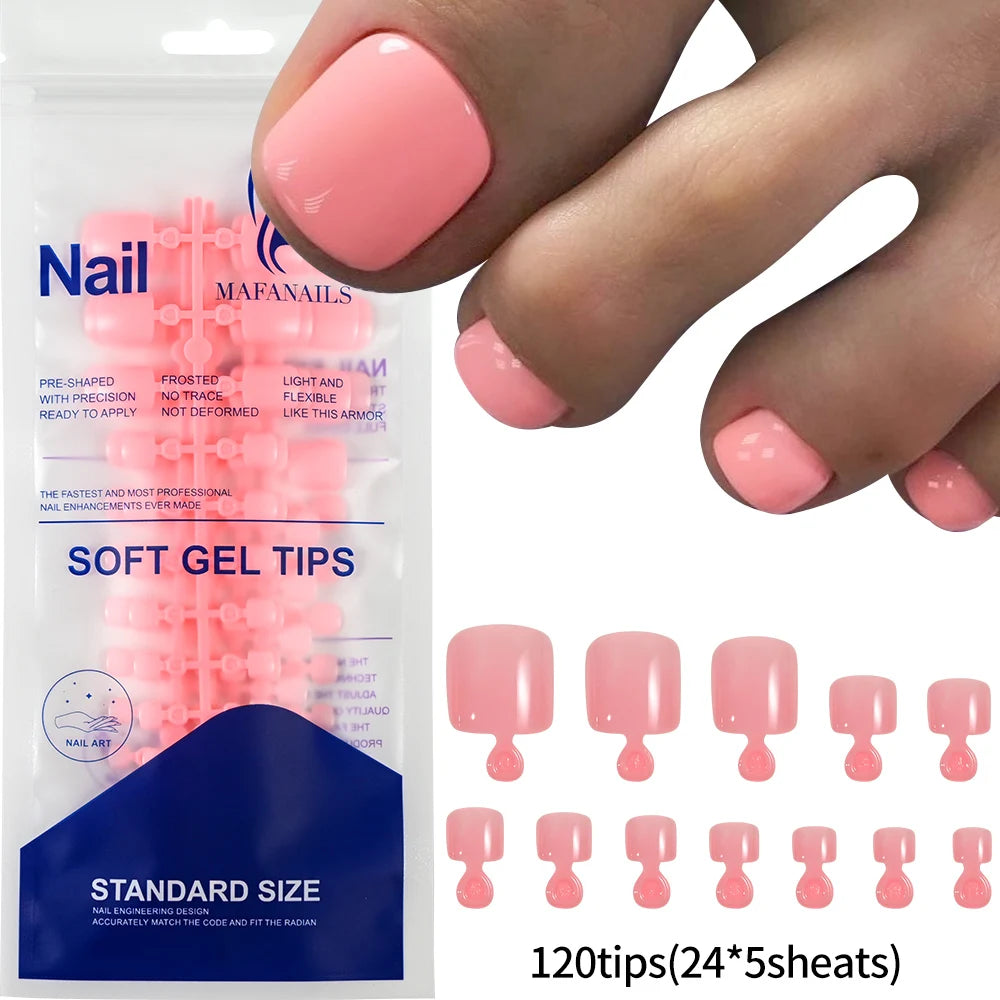 HSF Marketplace 120-piece pink French tip press-on toenails, square shape, short length, glossy false nail set