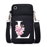 Hsf Marketplace small crossbody handbag with floral Sakura alphabet graphics, featuring a mobile phone pocket and adjustable strap.