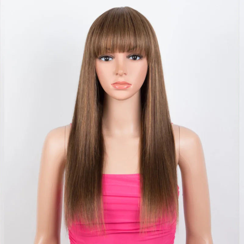 Dirty pink straight human hair wig with bangs, full machine-made wig for women, featuring sleek straight style by HSF Marketplace.