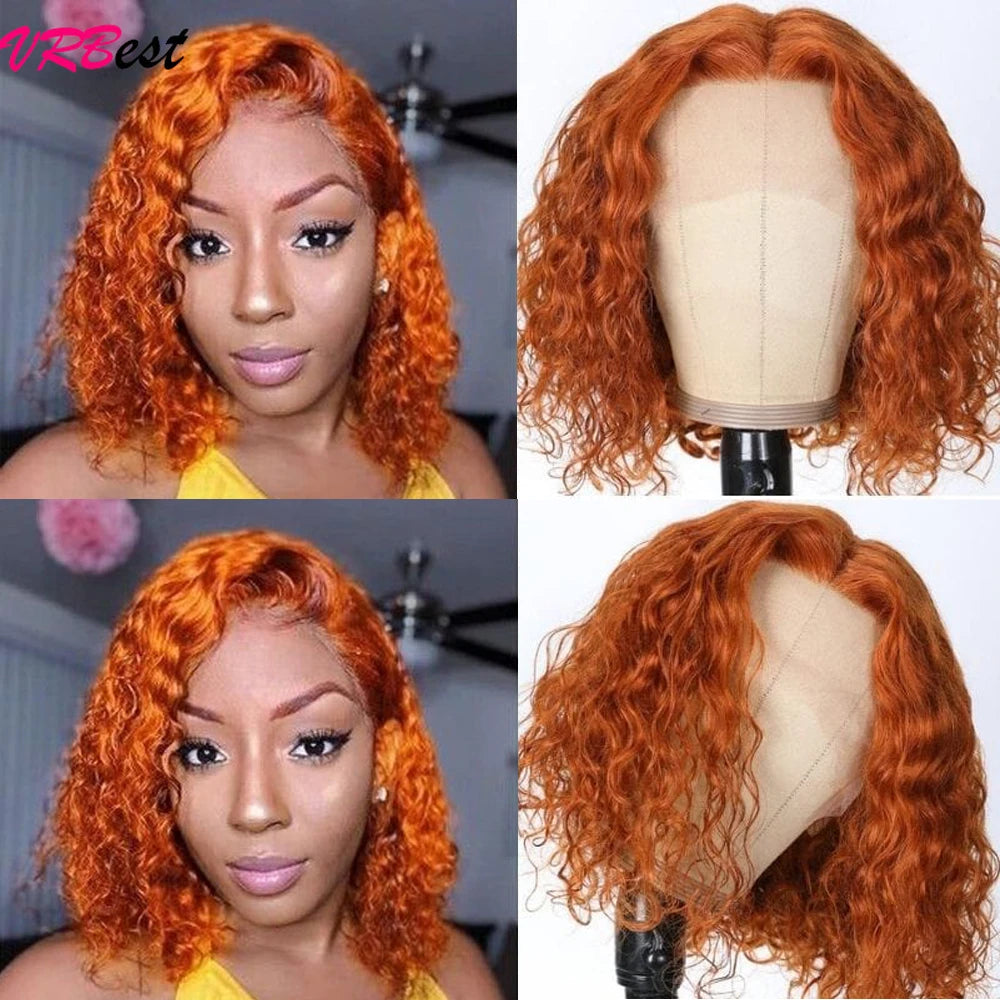 Ginger Orange Bob Wig Human Hair Deep Wave Curly Human Hair Wigs For Women 100% Human Hair Water Wave 13X4 Lace Frontal Bob Wig
