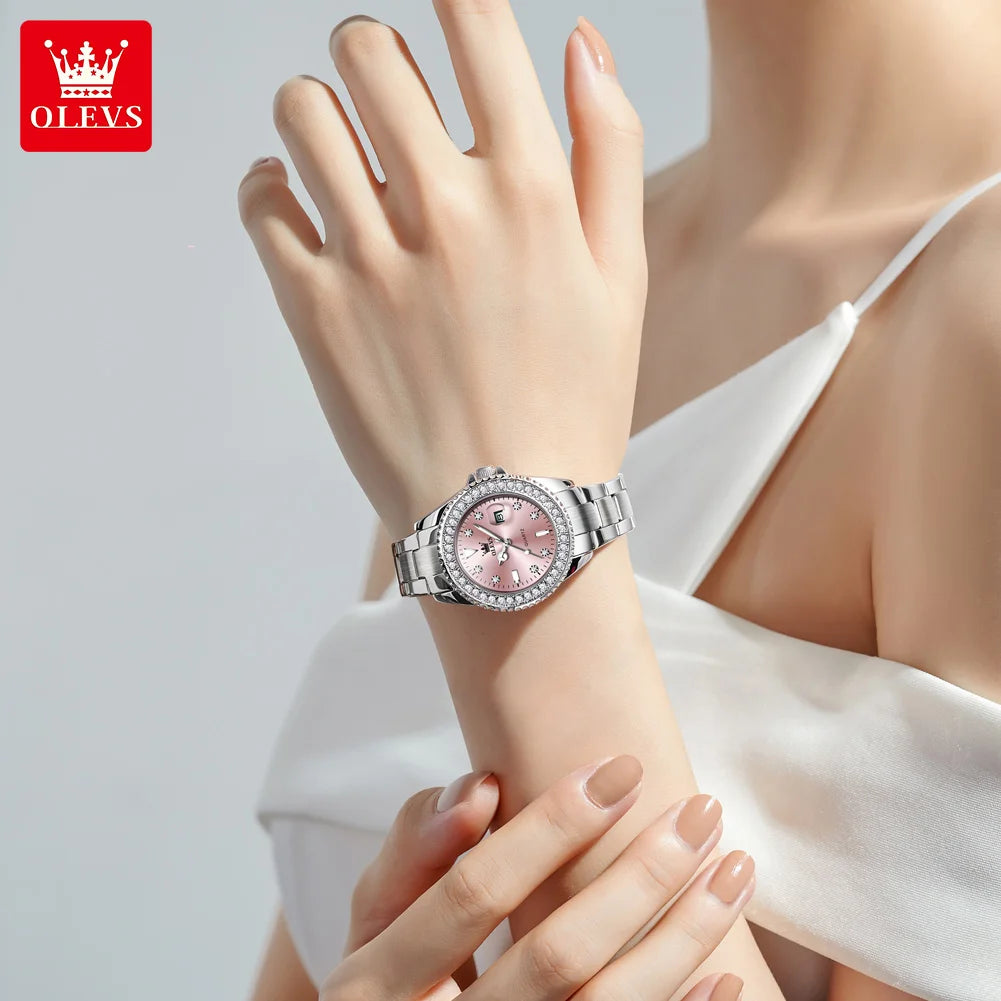 OLEVS 9945 Luxury Women Original Quartz Movement Watch Diamond Scale Stainless Steel Bracelet Luminous Function 30M Waterproof Watch