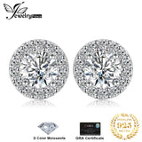 Moissanite halo stud earrings in 925 sterling silver for women, featuring sparkling round stones and halo settings