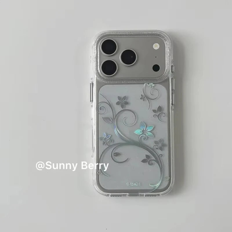 Flower vine Y2K glitter phone case for iPhone models, featuring a sparkling floral design