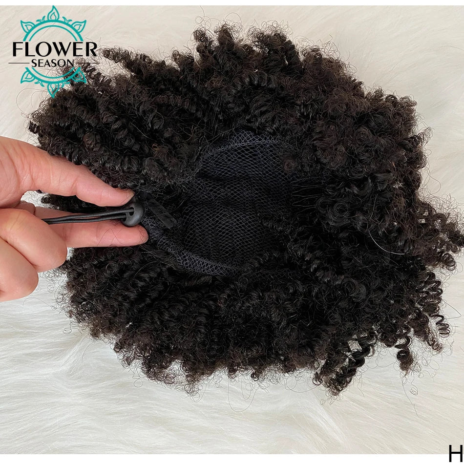 Afro kinky curly drawstring ponytail human hair extension, 3C 4A natural black clip-in hairpiece for women