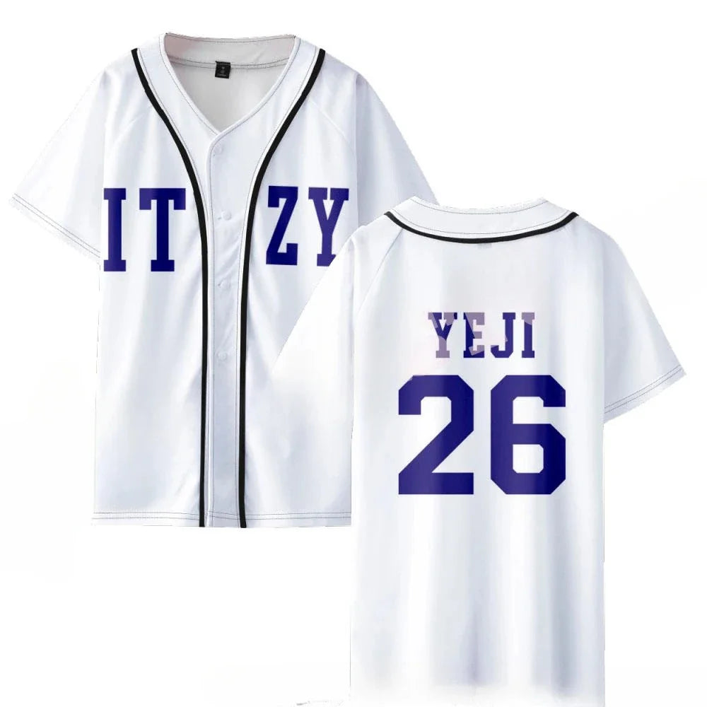 KPOP Korean baseball jersey T-shirt for Yuna and Ryujin fans, featuring sporty lettering and team-style design