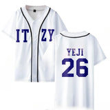 KPOP Korean baseball jersey T-shirt for Yuna and Ryujin fans, featuring sporty lettering and team-style design