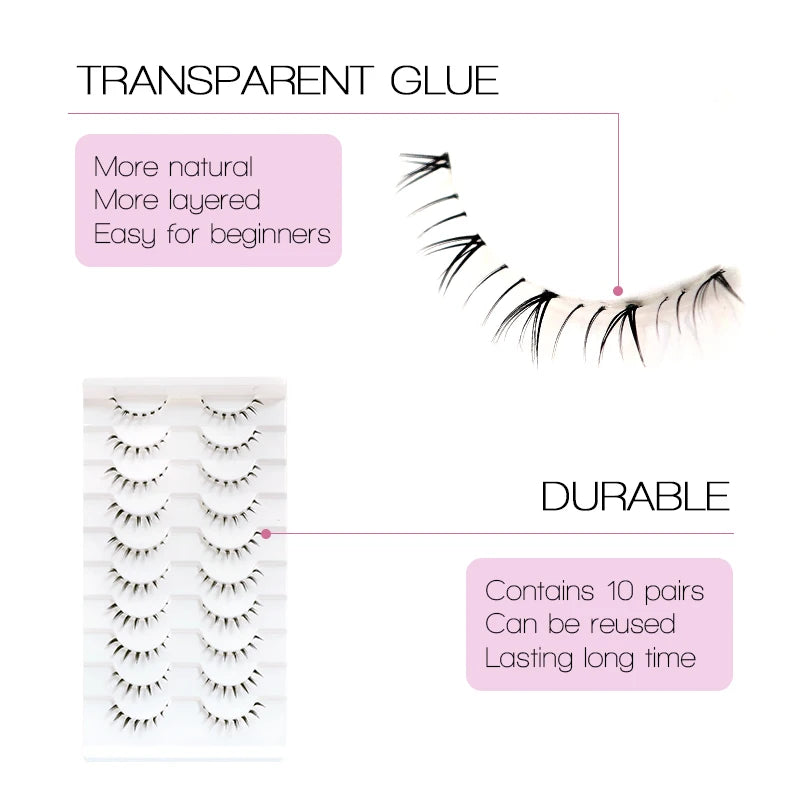 10 pairs of HSF Marketplace false bottom eyelashes with wispy, small flame design and clear band for Korean makeup and cosplay looks.