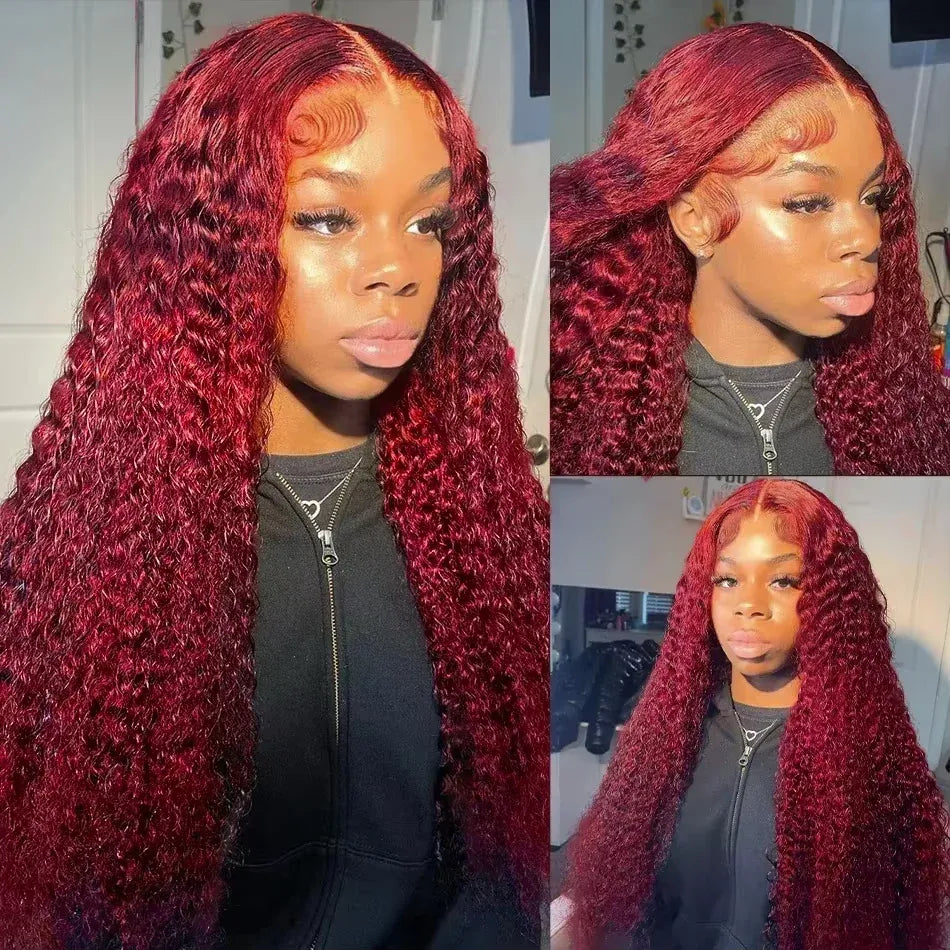 200% 13x4 Curly 99J Burgundy Lace Front Drawstring Glueless Wig Wine Red 30 36Inch Deep Water Wave Lace Frontal Human Hair Wigs