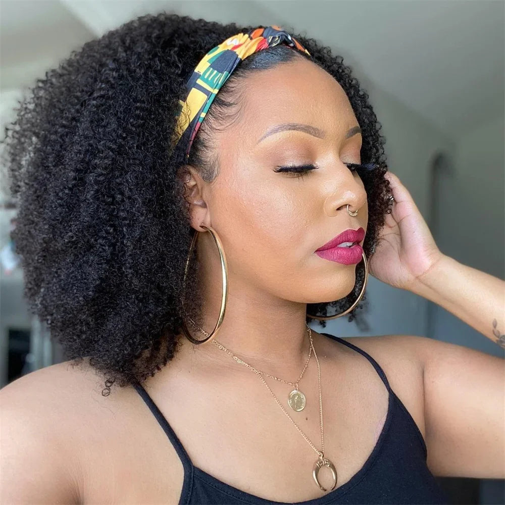 180% Afro kinky curly Brazilian human hair headband wig, no-glue ready-to-wear style for Black women