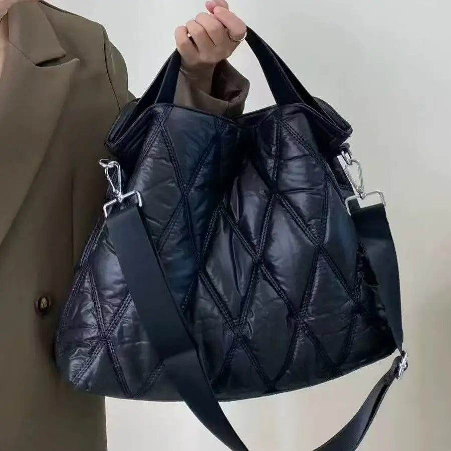 HDF Marketplace women's quilted puffy shoulder handbag with padded cotton design, large capacity, ideal for winter shopping.