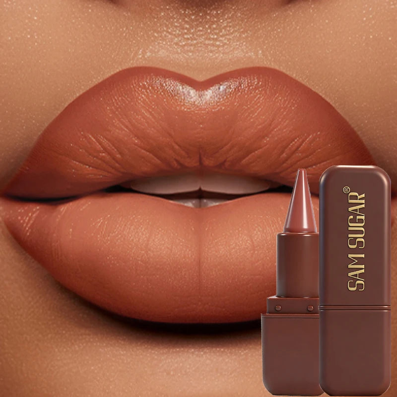 Dark chocolate matte lipstick and waterproof lip liner by HSF Marketplace, Gothic black-brown velvet lips makeup with non-stick cup.