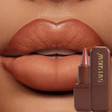 Dark chocolate matte lipstick and waterproof lip liner by HSF Marketplace, Gothic black-brown velvet lips makeup with non-stick cup.