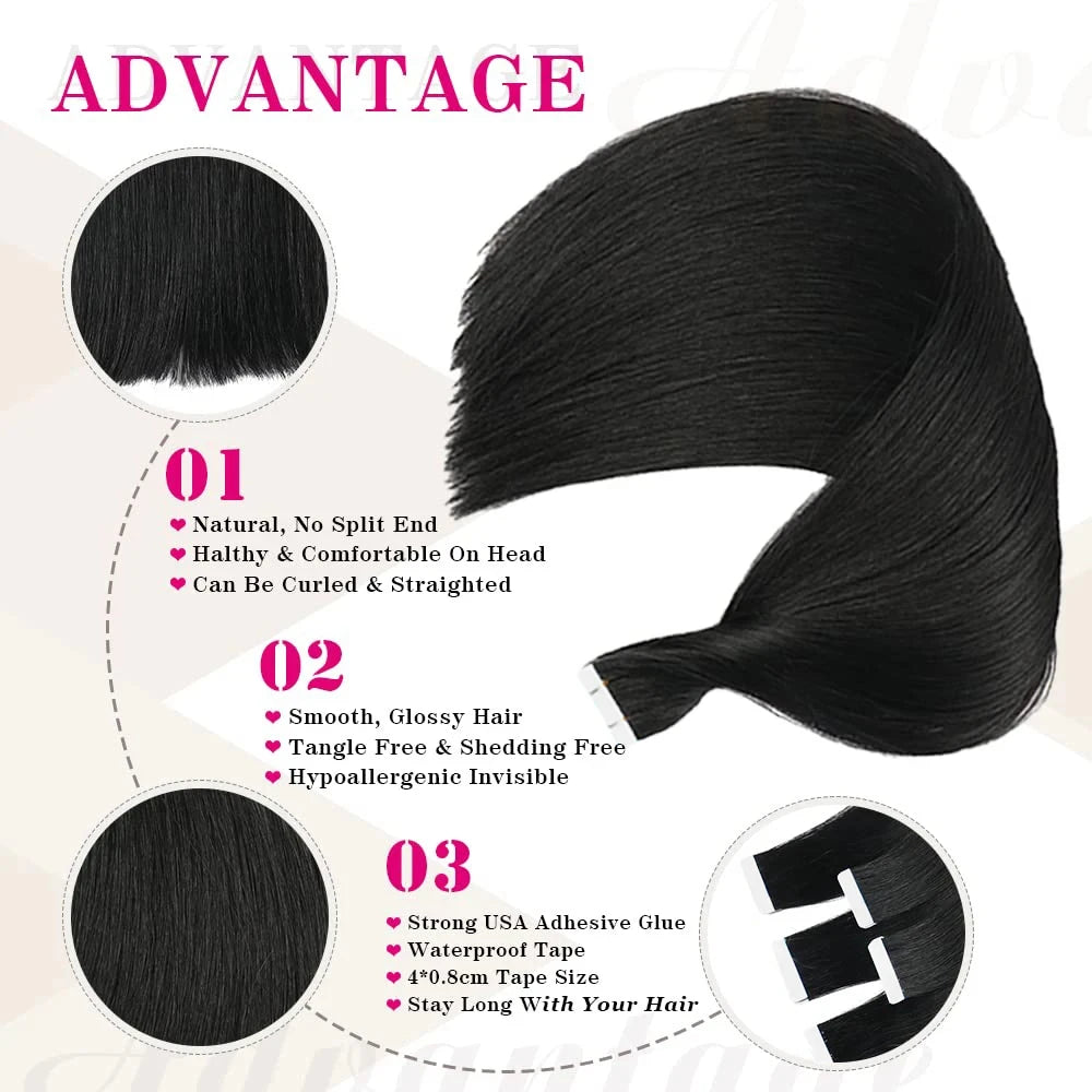 Straight seamless tape-in Remy human hair extensions, 20-piece set in natural black by HSF Marketplace