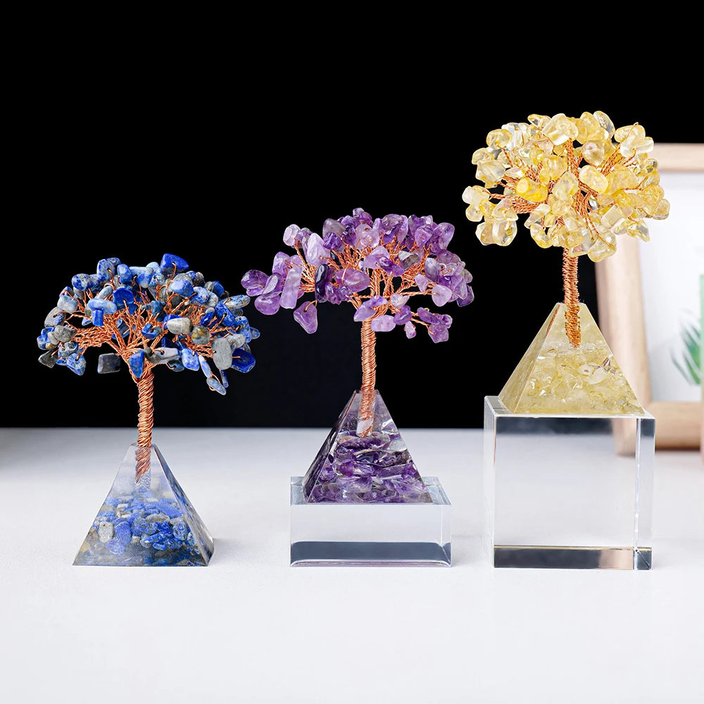 1pc Natural Crystal Tree Ornament Resin Pyramid Base Crystal Crushed Stone Fortune Tree Home Office Decoration Holiday Gift