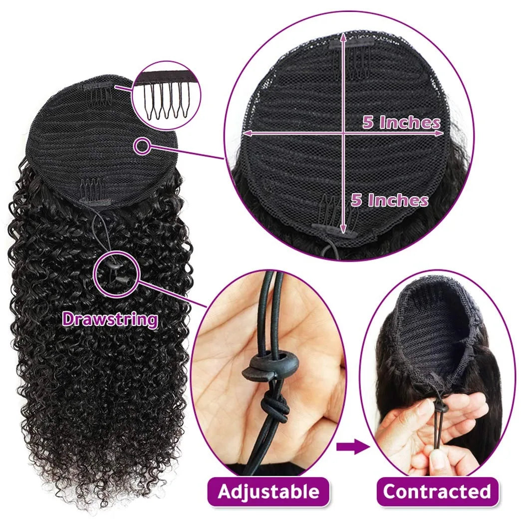 Women’s Clip-In Human Hair Ponytail Extensions 10A Grade Water & Corn Wave, 100% Unprocessed Brazilian Hair, Drawstring Closure
