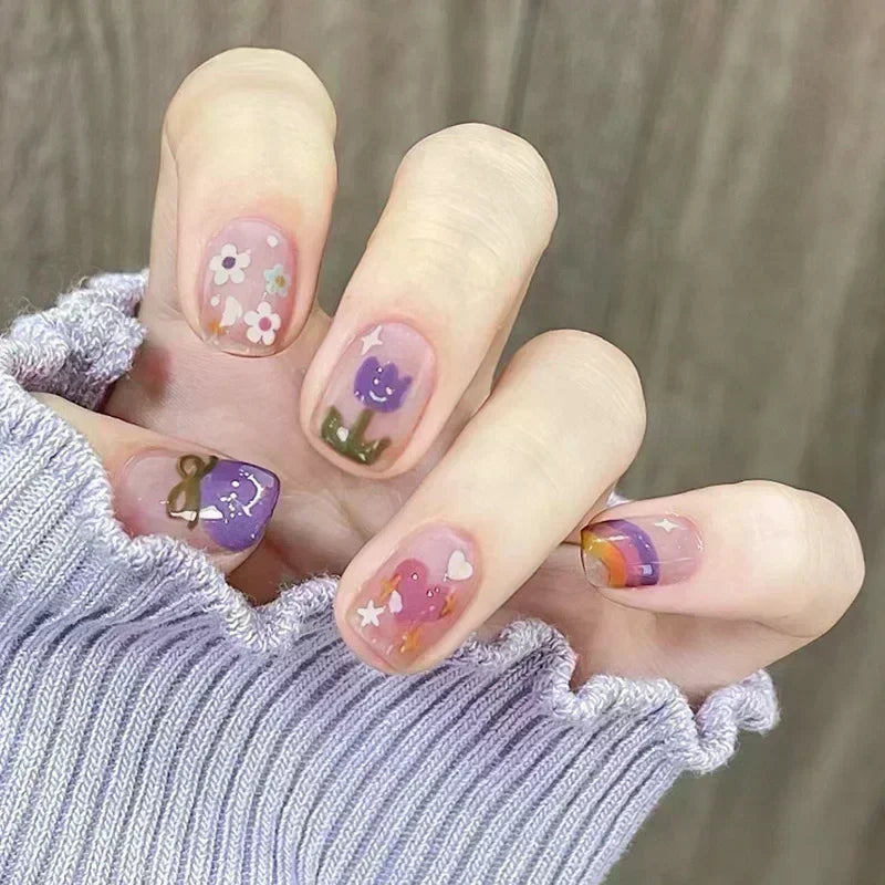 24-piece cute girly short square false nails with white French tips, glitter stars, rhinestones, cat-eye finish and bows
