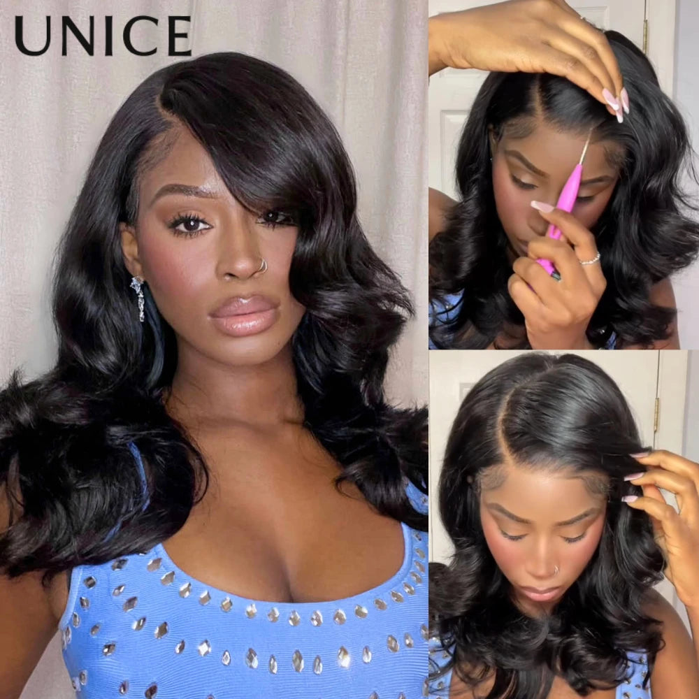 UNICE 200% Density Layered Cut Left Side Part Wavy Wig With Secure Silicone Strips & Drawstring Pre Cut 7x5 Lace Glueless Wig