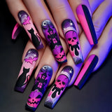 Pink glitter skull print press-on false nails, 24-piece set for Halloween and ballet-inspired styles