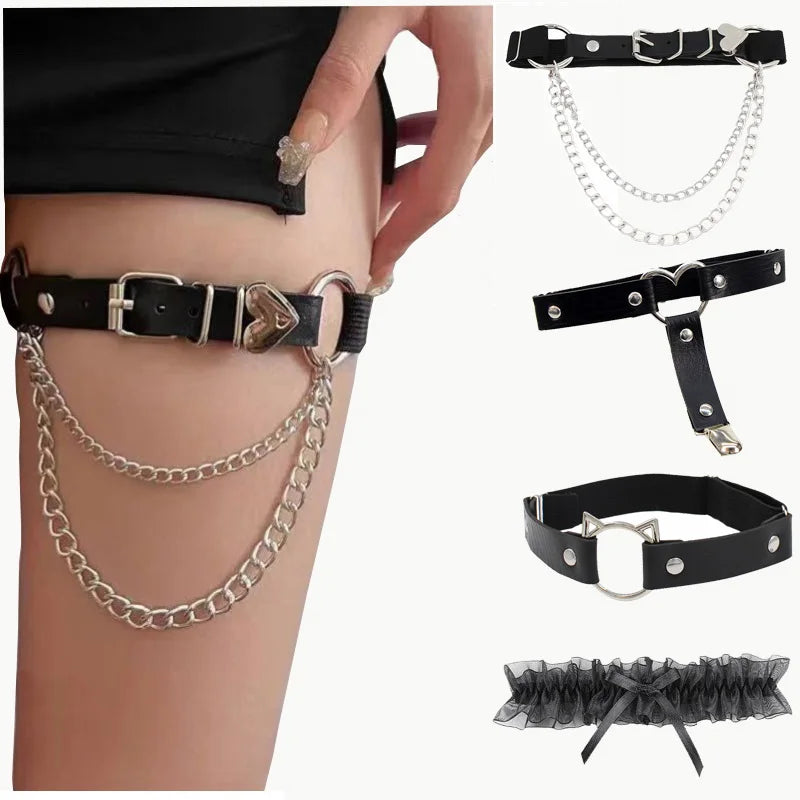 Gothic leather garter belt for women, punk-style leg accessory by HSF Marketplace