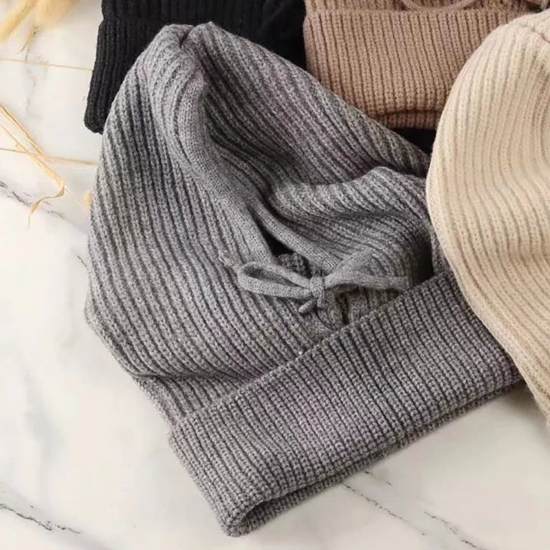 Women's knitted hooded balaclava hat with drawstring, one-piece neck collar, Korean style winter cap by HSF Marketplace