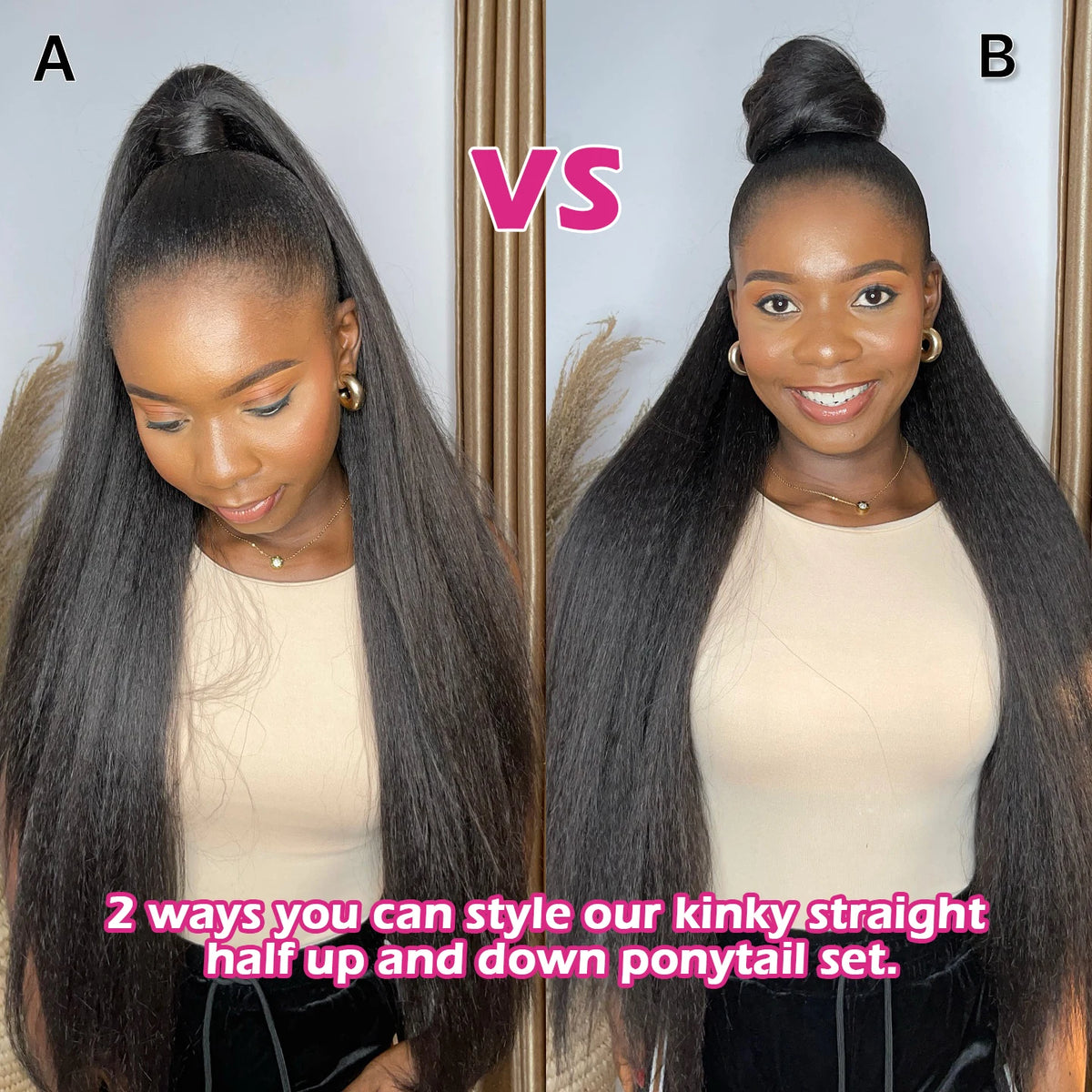Kinky straight Brazilian human hair wrap-around ponytail extension in natural black with magic tape clip-in attachment