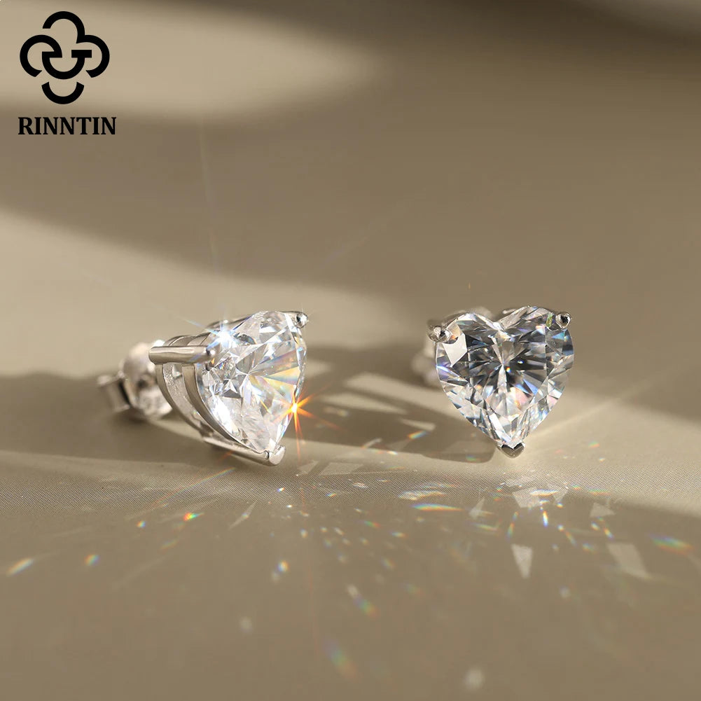 Rinntin Love Heart Cut 5A Cubic Zirconia stud earrings in genuine 925 sterling silver for women