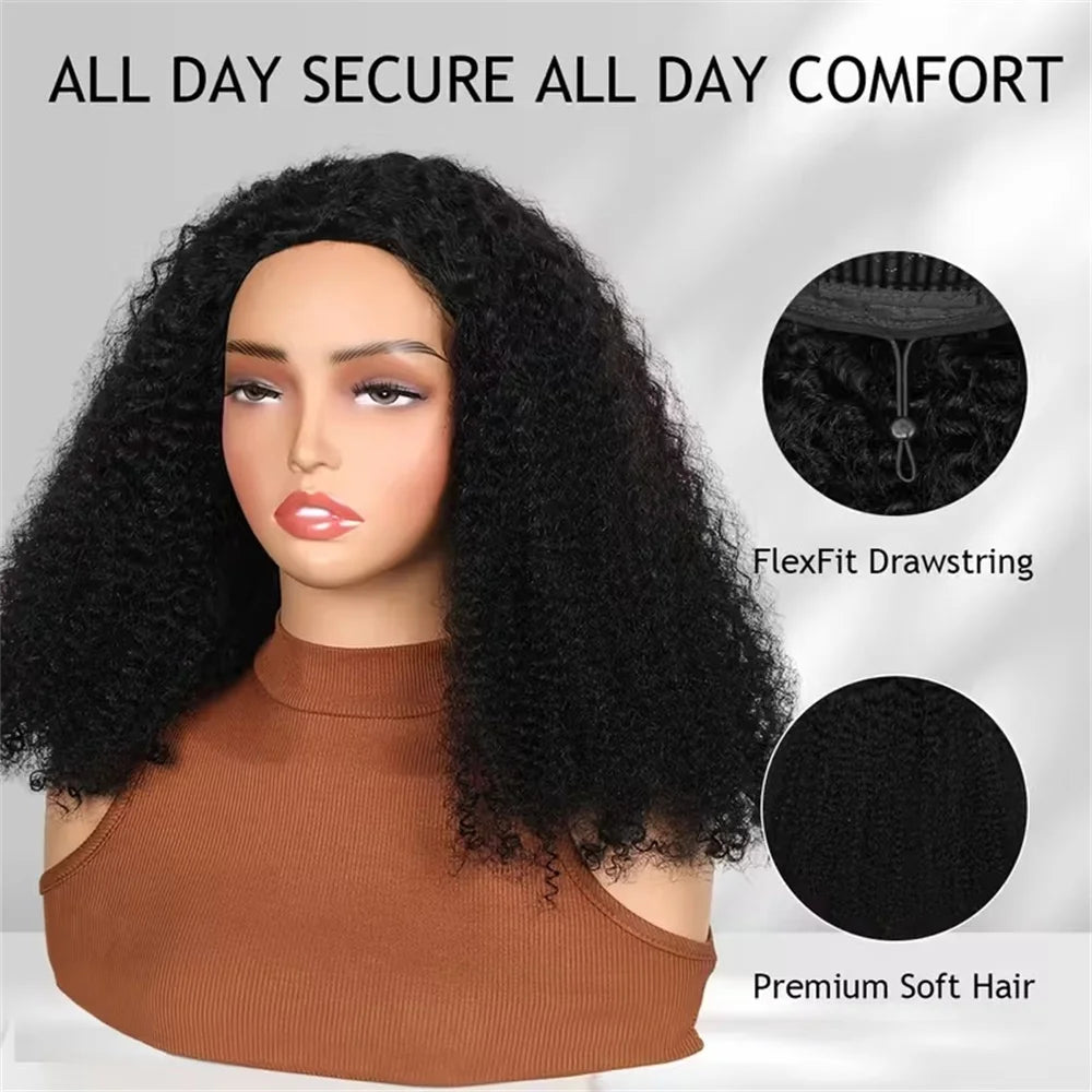 Kinky Curly human hair 3-in-1 half wig with drawstring, seamless clips, and headband by HSF Marketplace